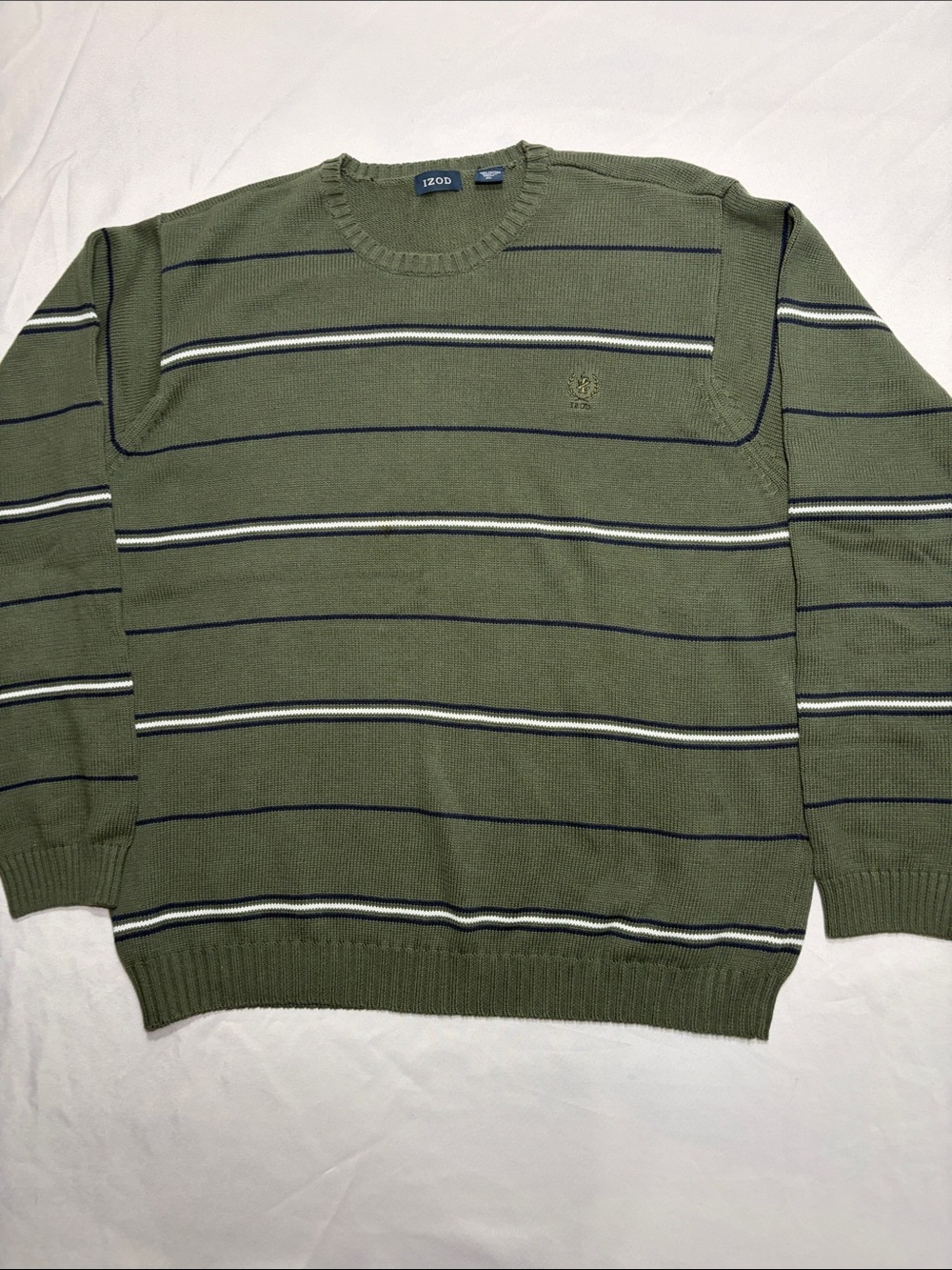 Izod Olive Green Crewneck Sweater with Navy & White Stripes